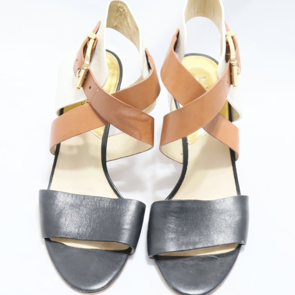 Michael Kors Black/White/Tan Straps Stacked Heel
